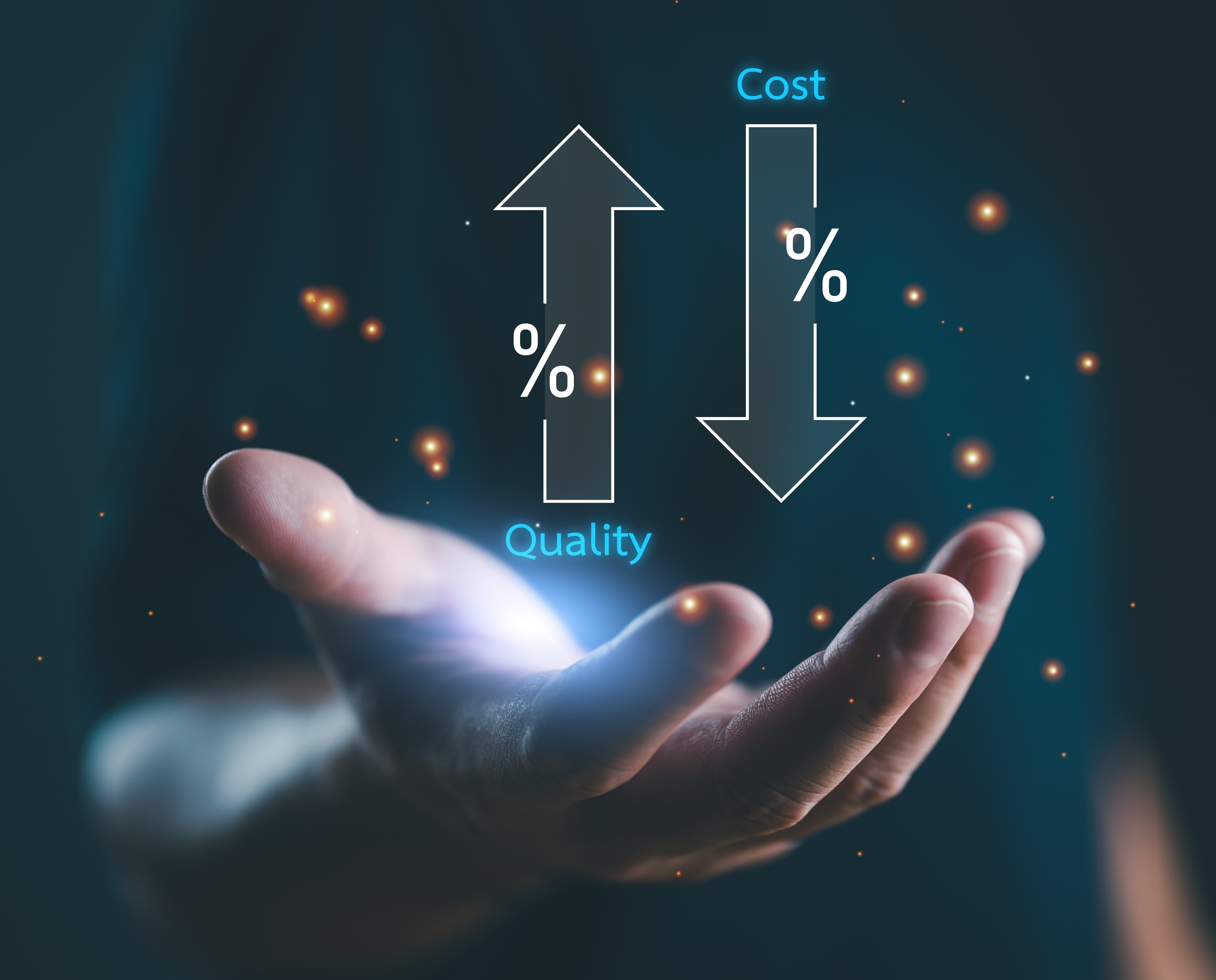 Individual with digital arrows in hand, quality increasing and cost decreasing