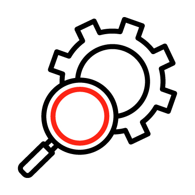 icon of a magnifying glass looking at a gear