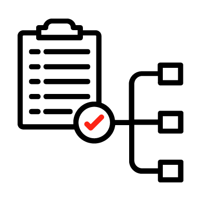 icon of a clipboard and network drawing splitting into three branches